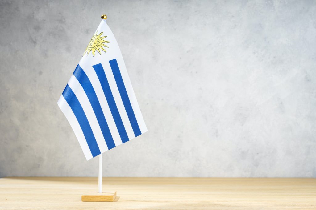 Uruguay table flag on white textured wall